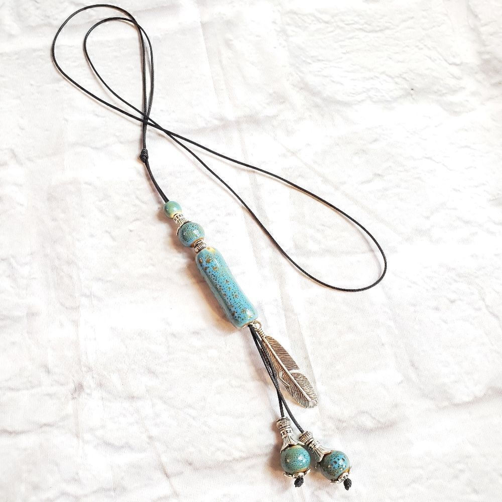 PORCELAIN BEADED Necklace Feather Charm